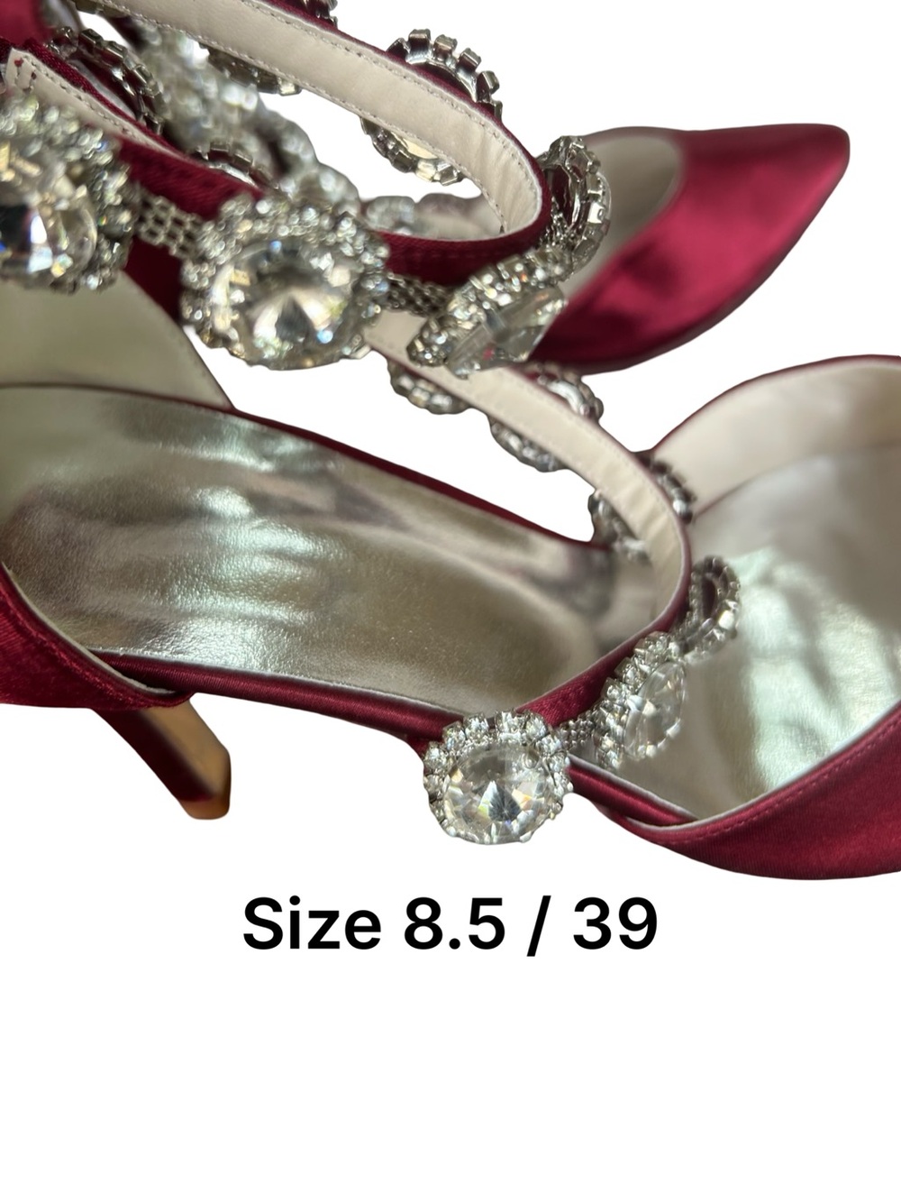 Women’s Satin Pointed-Toe Heels with Crystal T-Strap - Burgundy - Picture 4 of 4